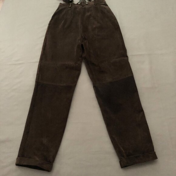 Dark Brown Two Toned Suede Buttoned Suspender Pants - Picture 5 of 12